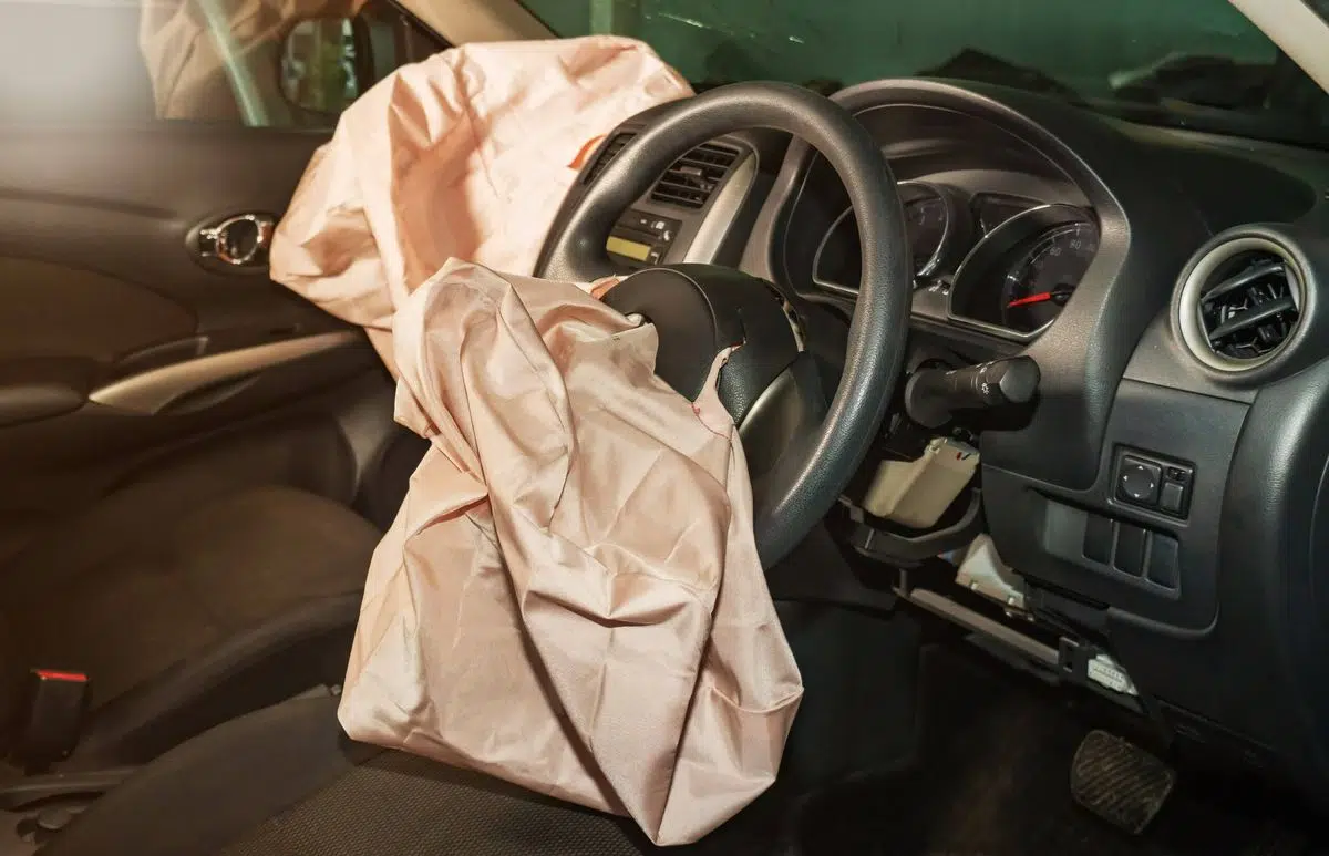 A deflated airbag after a car accident.