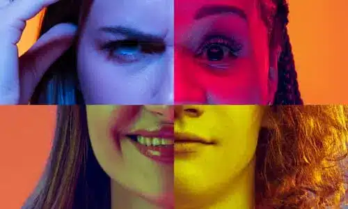 A mosaic of four women's faces with different facial expressions, in different coloured backgrounds.