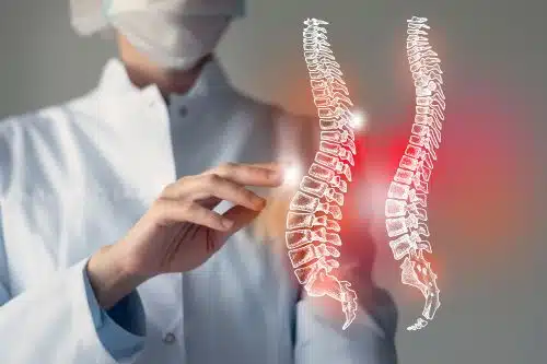 A doctor reviews x-rays of a spinal cord injury and the brain.