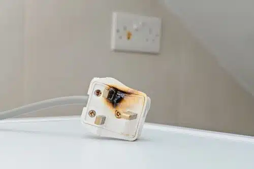 A defective electrical plug is burned and smoking from a fire.